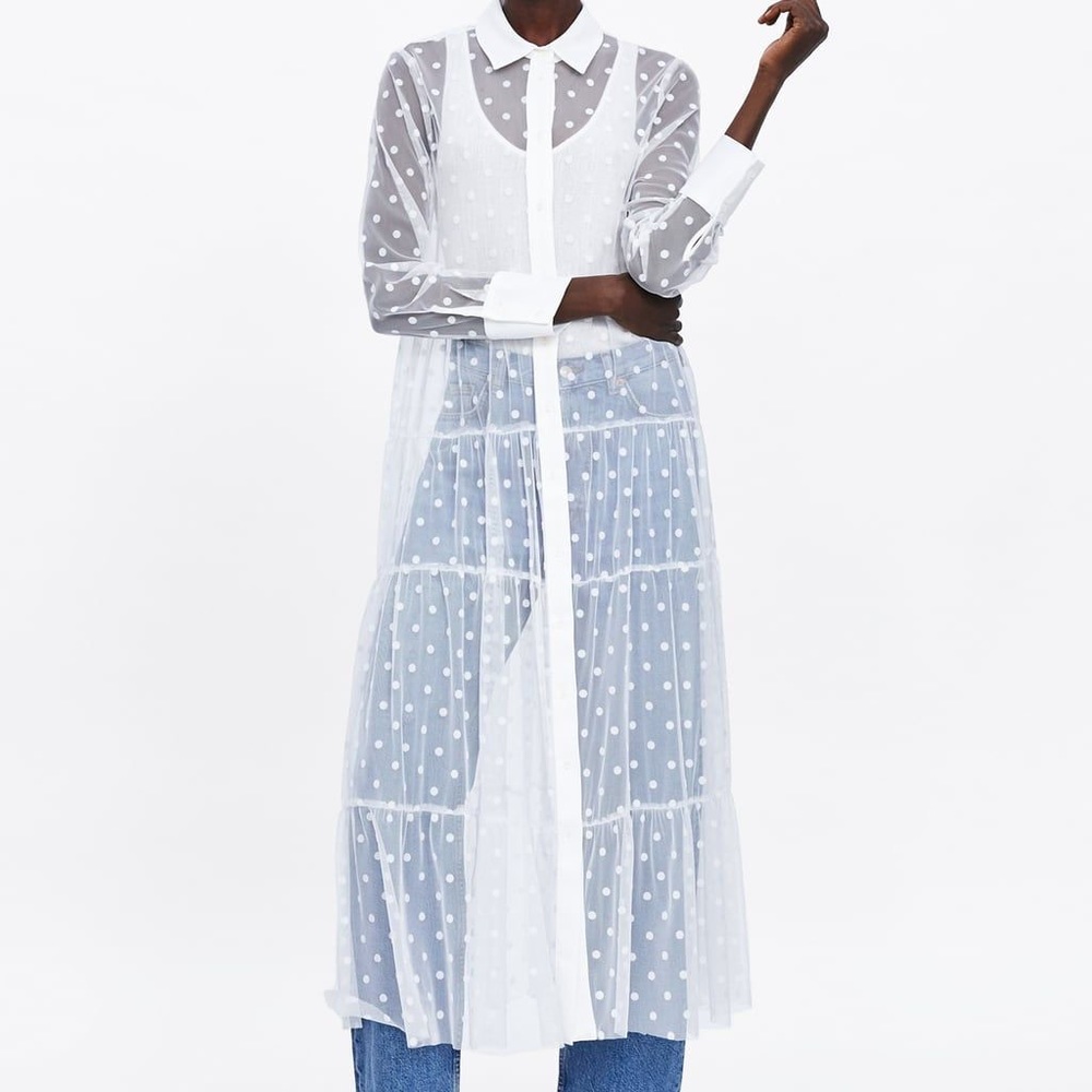 Sheer White polka dot maxi Shirtdress
